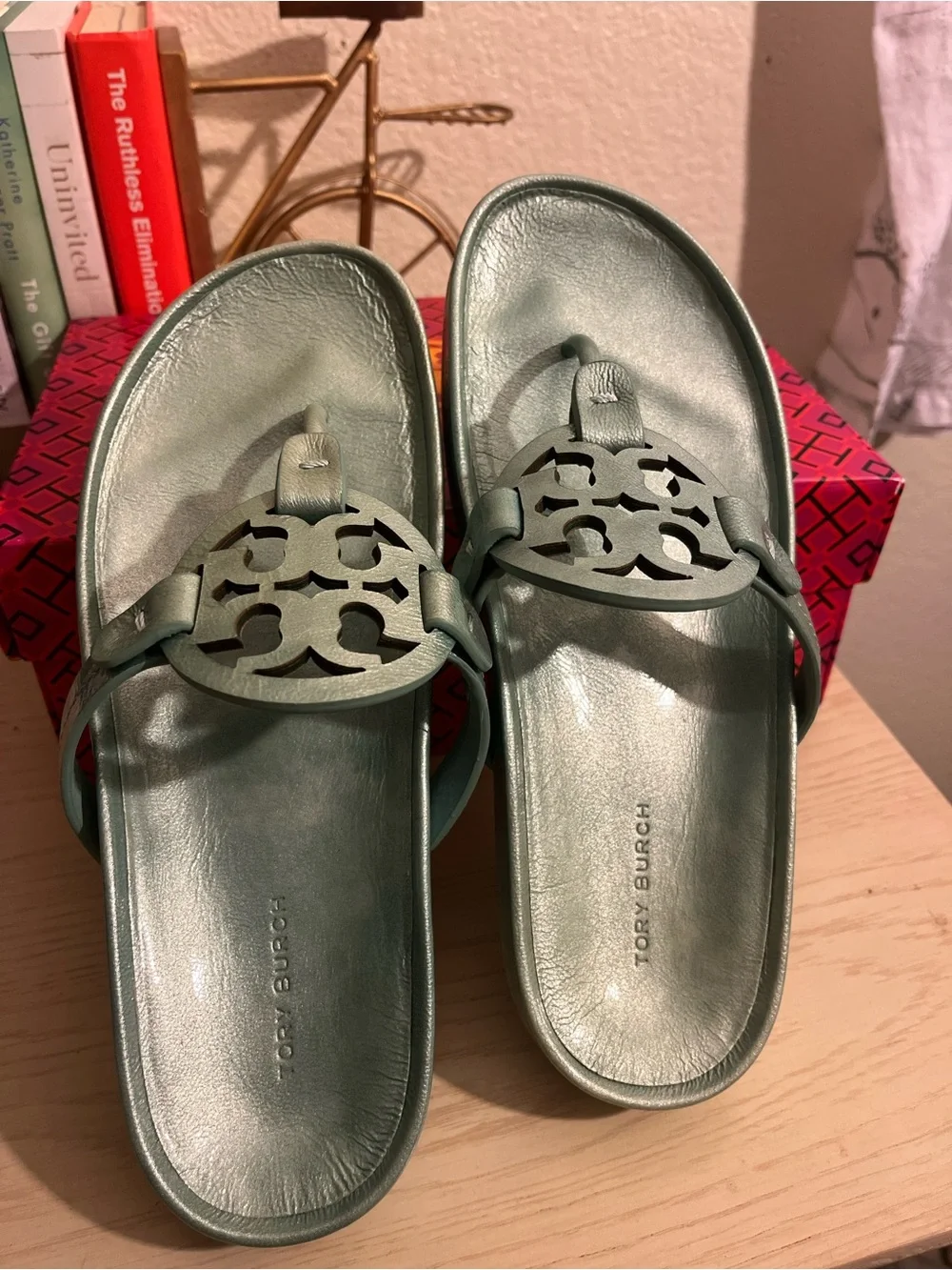 Tory Burch Metallic Seafoam Green Miller Thong Sandals
